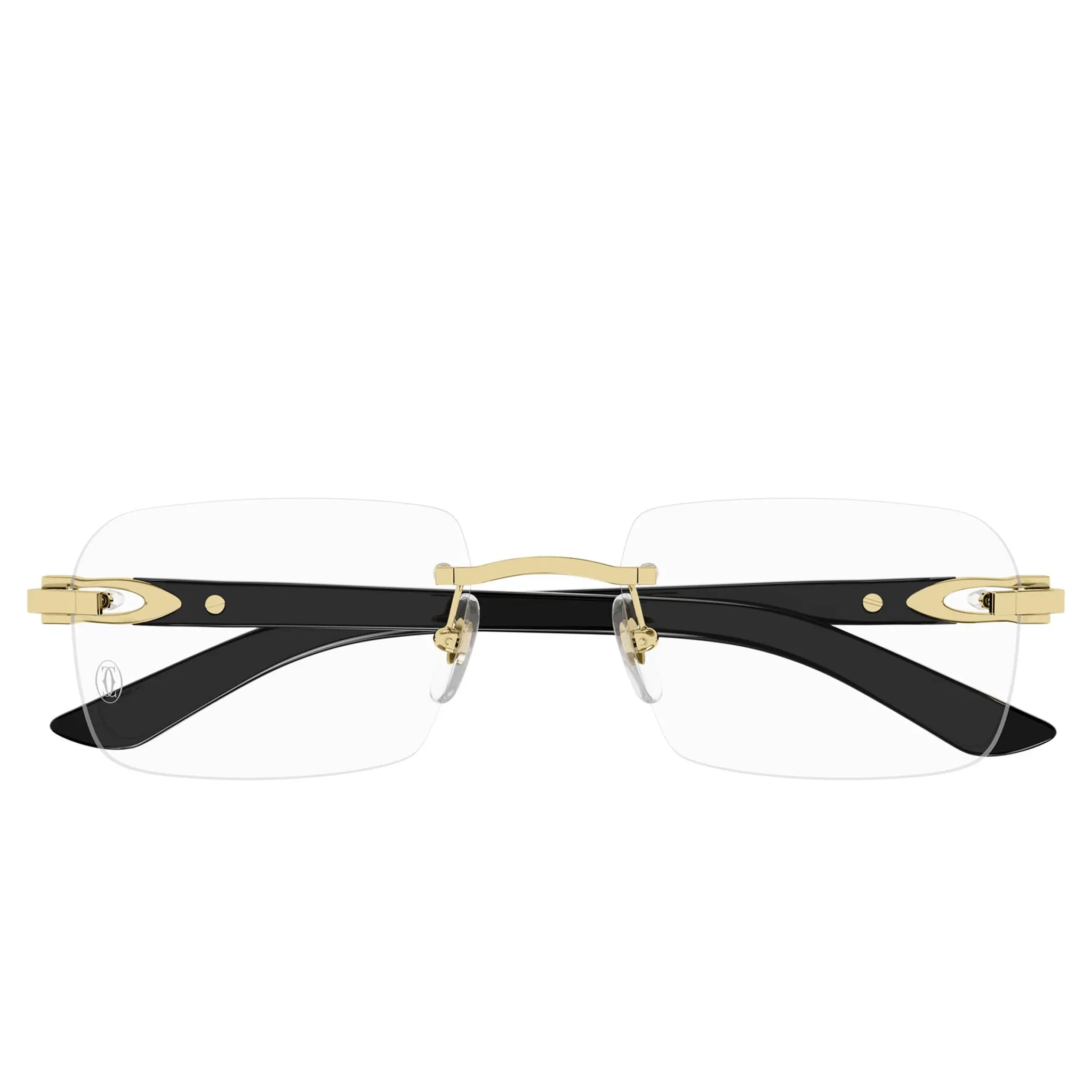 Front View of Cartier Eyewear CT0453O-001 Transparent Black Gold Rimless Sunglasses